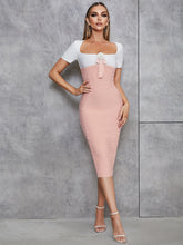 Square Collar Short Sleeve Striped Midi Bandage Dress